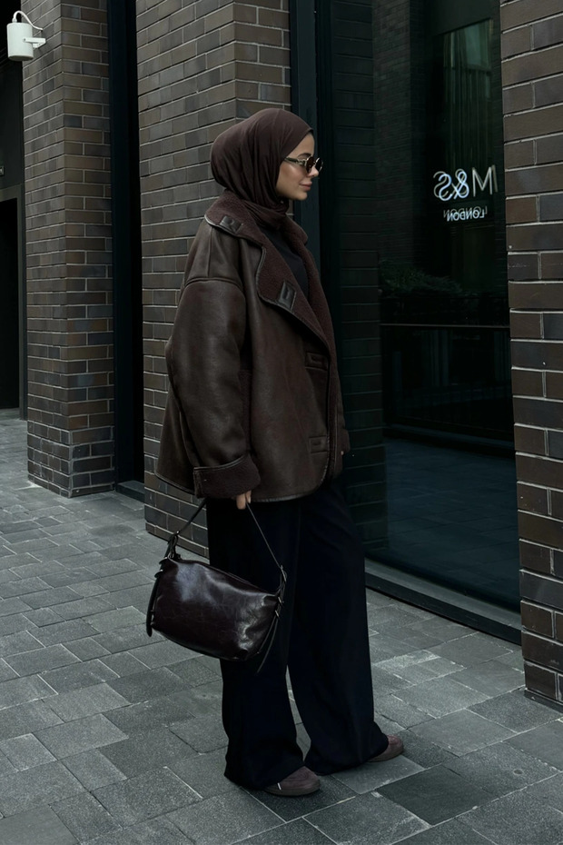 Else Acı Kahve Dokulu Süet Içi Peluşlu Oversize Zr Model Mont - 3