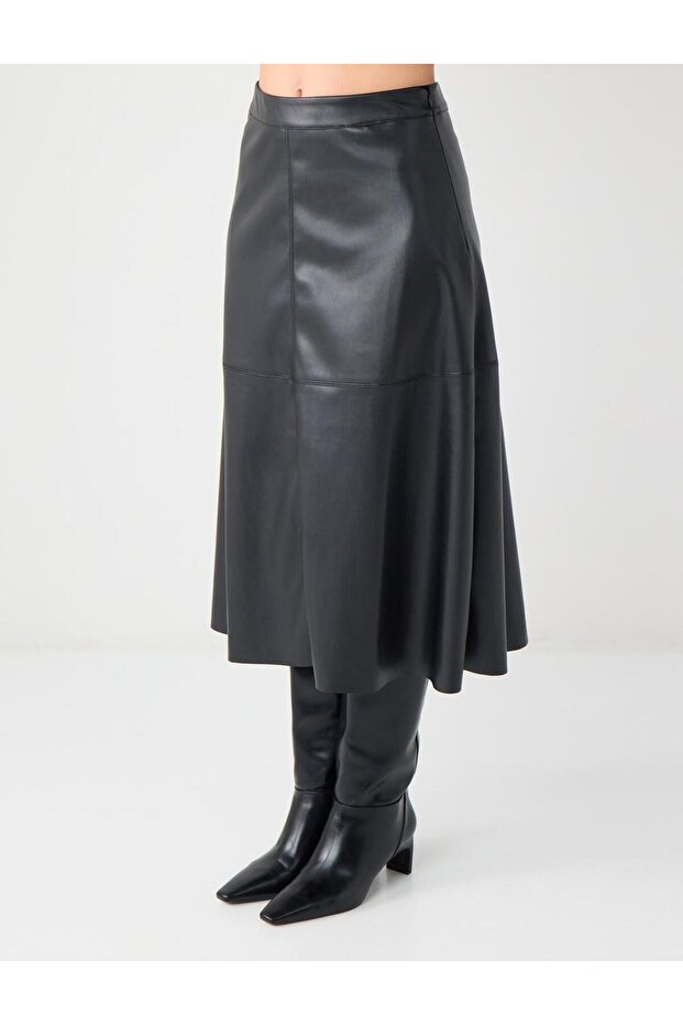 Siyah Normal Bel Deri Görünümlü Midi Etek - 4