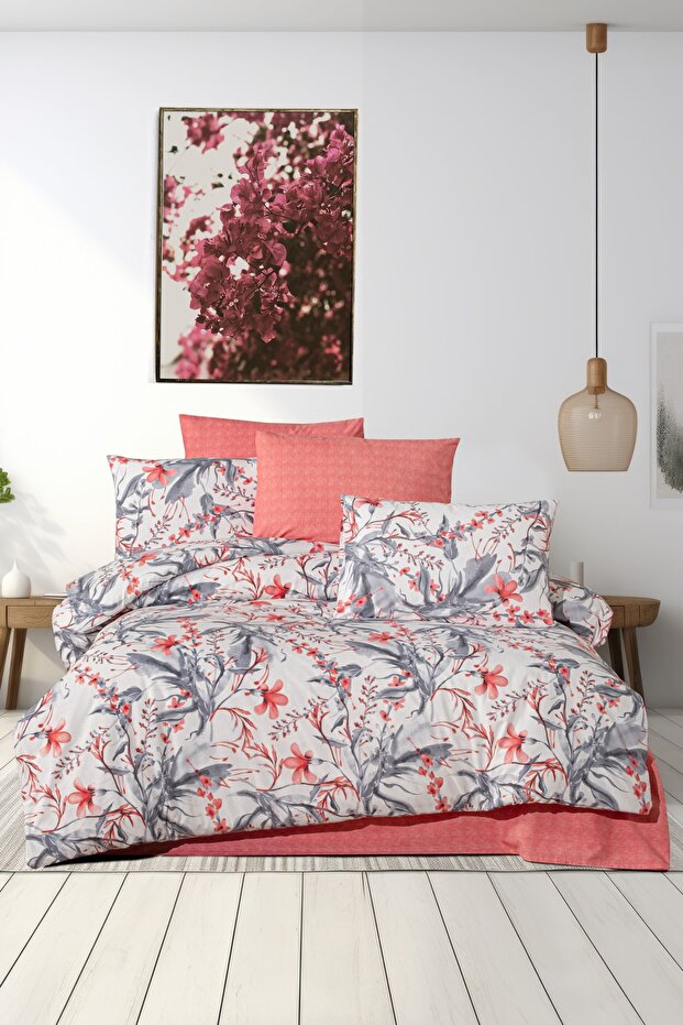 Double Ranforce 100% Cotton Elastic Sheet Duvet Cover Set Pink Mix Pattern | Soft, Easy-To-Iron Fabric | 200X220 cm (57 Strands)