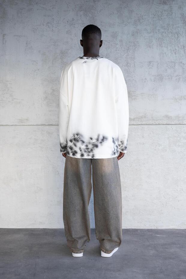 Printed And Hand Made Effected Long Sleeve Tee Ecru - 6