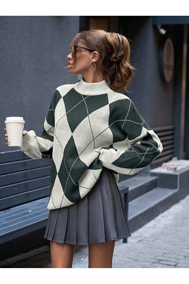 Women's Dark Gray Argyle Pattern Mock Neck Knitwear Sweater, Knitwear Sweater Fmoda6100