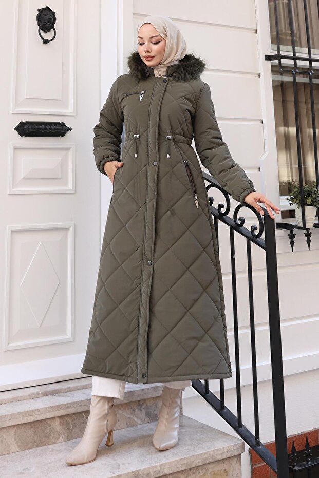 Zippered Hooded Quilted Coat Khaki 19277