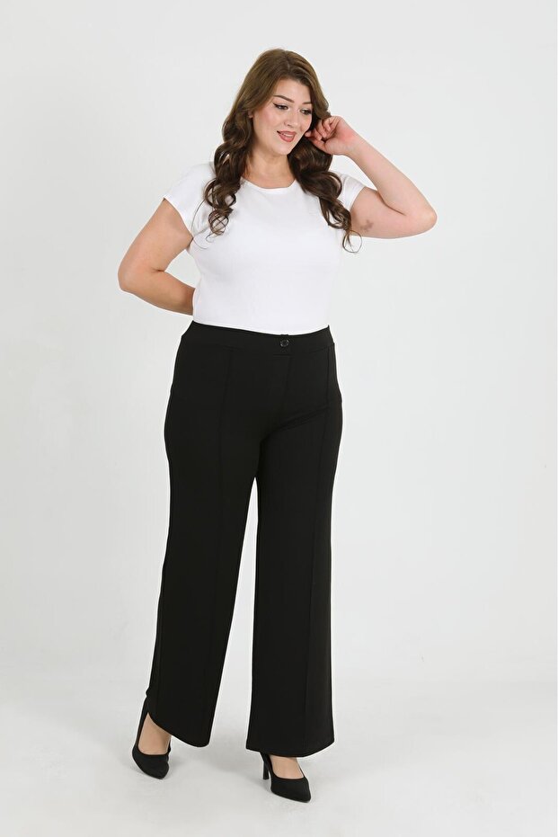 Women's Black Stretchy Waist Buttoned Wide-Leg Stretch Fabric Pants