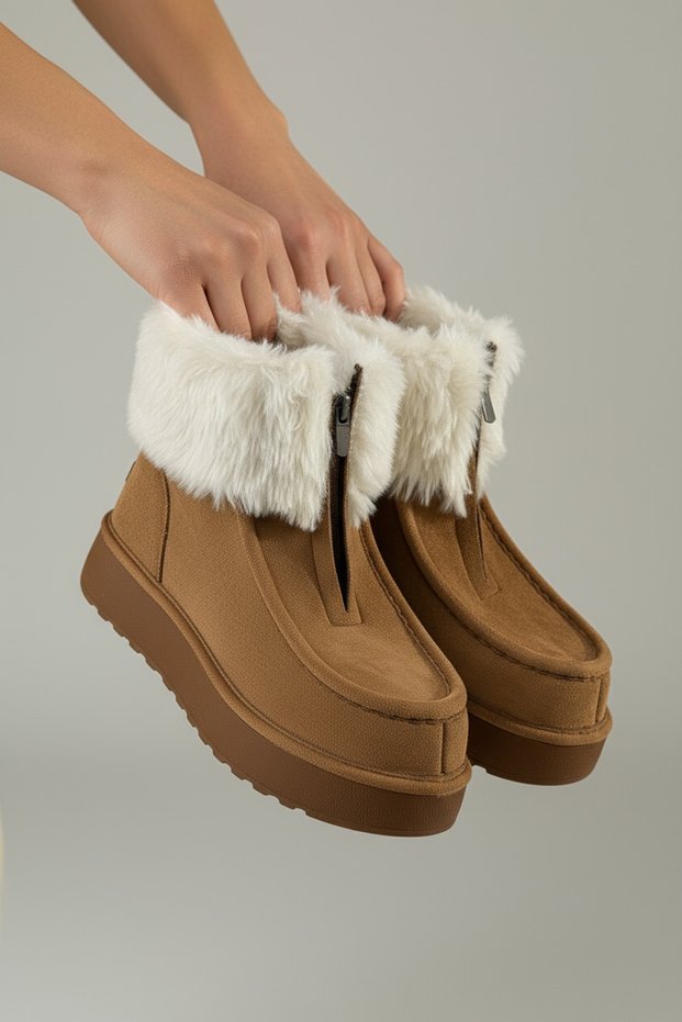 Women's Tan Boots Fur Plush Lined Zippered Winter Casual Boots Orthopedic Comfortable Sole