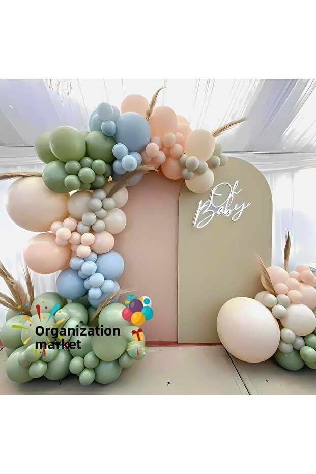 Balloon Set Eucalyptus-Macaron Blue-Macaron Salmon-Milk Coffee 60-Piece Balloon Chain Set