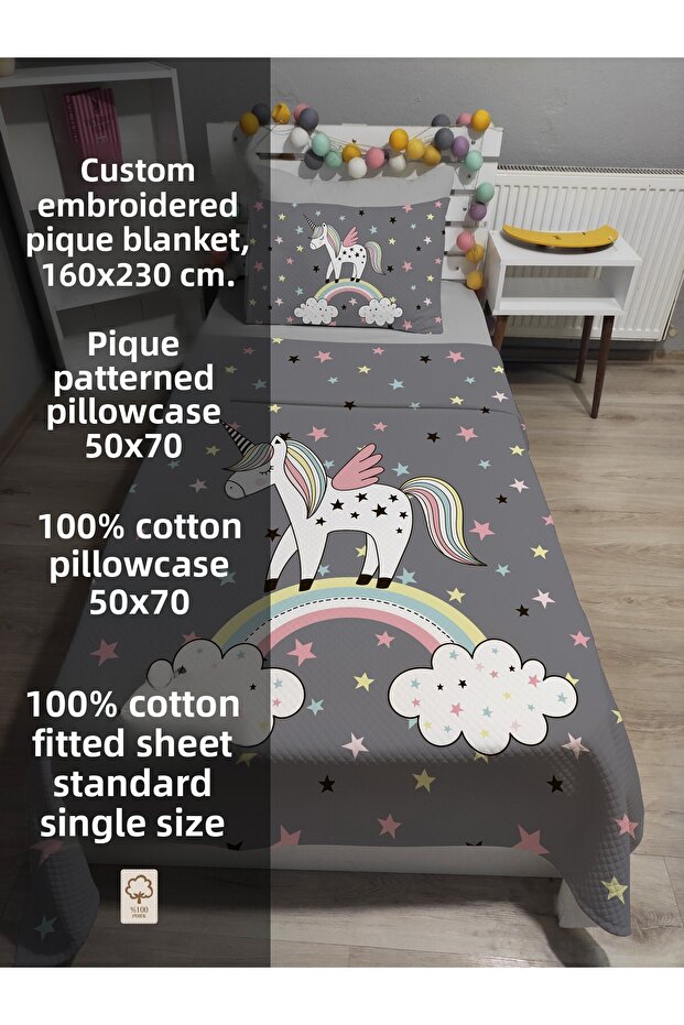 4 Piece Unicorn Patterned Single Pique Bedspread Set with Elastic Sheets - 3