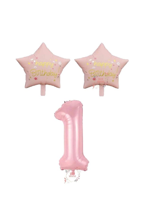 Bal10 Pink Color Number and Happy Birthday Written Star Foil Balloon Set Age 1