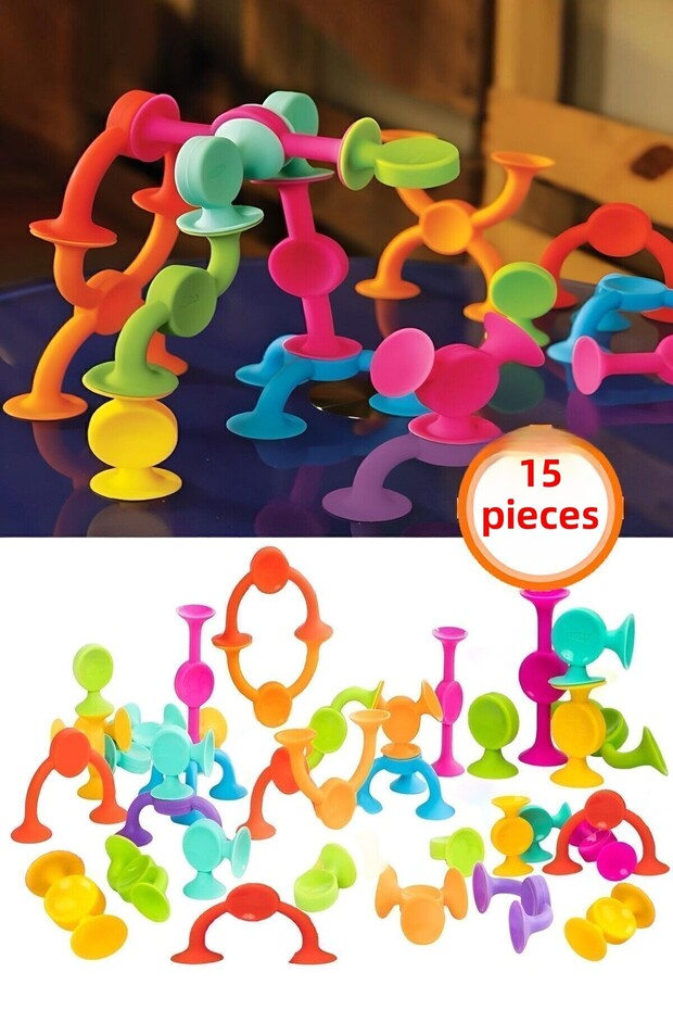 15 قطعة من أحجار السيليكون مع كوب الشفط - لعبة ألغاز Popit التعليمية Squigz - 8