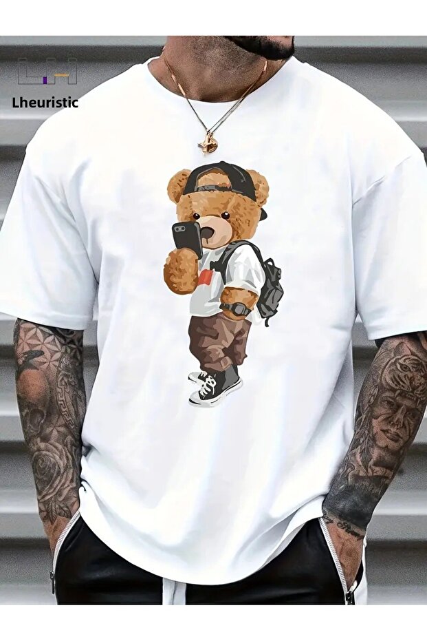 Men's Teddy Bear Printed Crew Neck T-Shirt