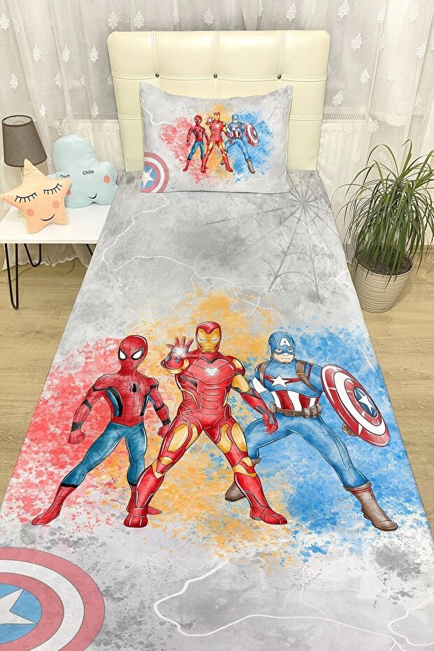 Gray Super Heroes Bedspread and Pillowcase