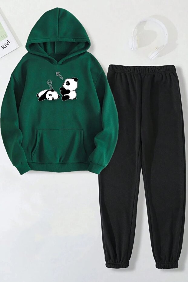 Unisex Panda Printed Tracksuit Set - Hooded Sweatshirt & Jogger Sweatpants