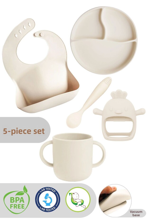 Set of 5 Silicone Bibs, Cup with Handle, Vacuum Plate, Feeding Spoon, Teether -Beige