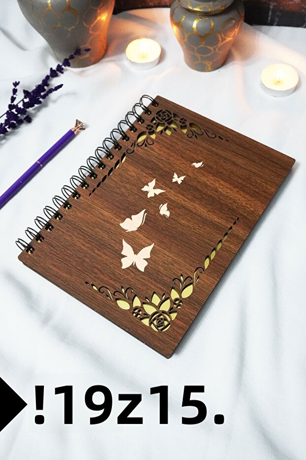 Butterfly Wooden Cover Spiral School Notebook - Lined Notebook - 60 Sheets (120 Pages) - A5 15X21 cm