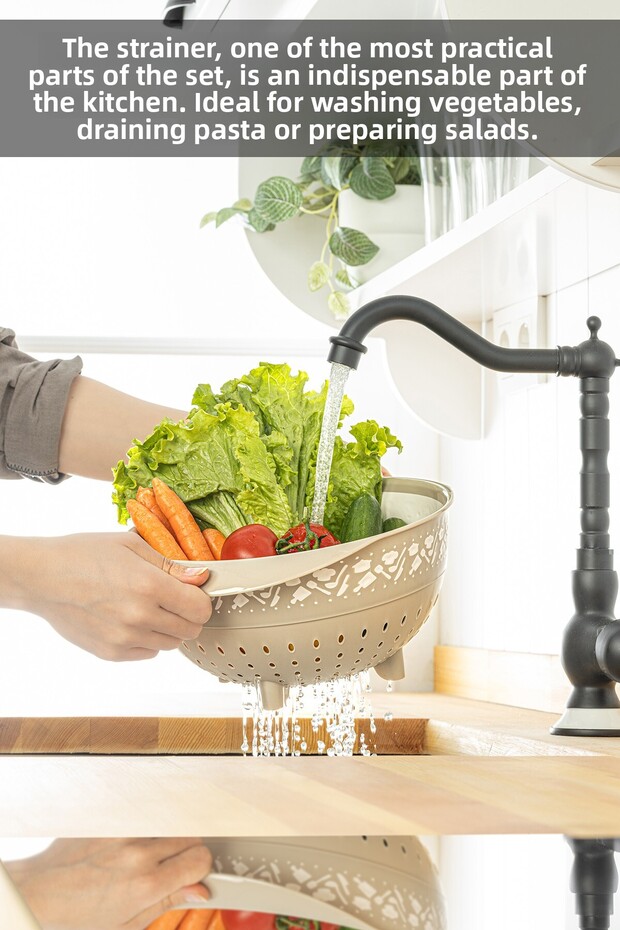 4-Piece Round Bowl and Strainer Set, Multi-Purpose Bowl Set, Whisk, Badya Set with Strainer Beige - 3