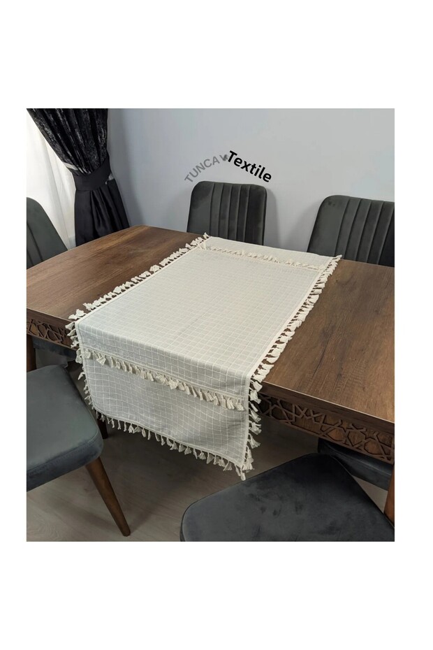 Fringed Runner with Tassels and Pompoms - Ranir Cover Buldan Work Linen Monika Table Top Cloth 50x200