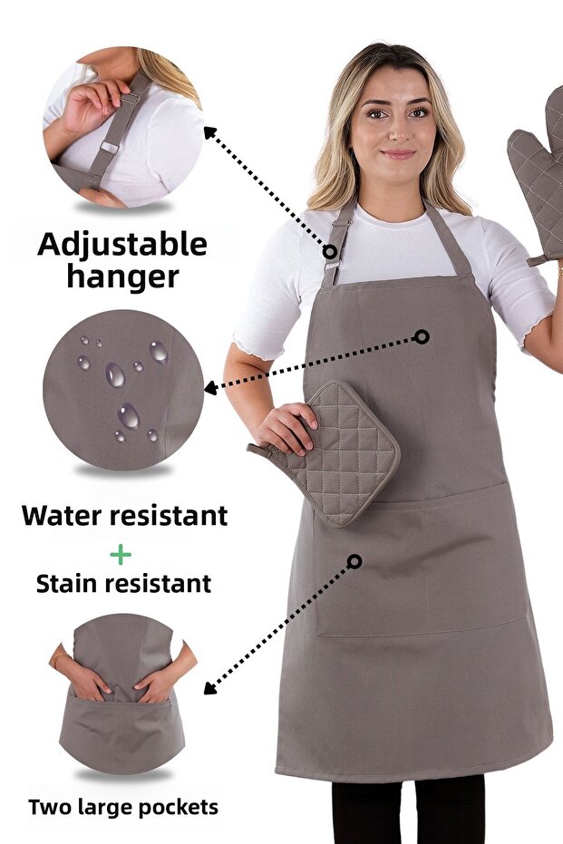 Simple Set of 3 Kitchen Apron Set with Adjustment Hanger (GLOVES, GRIPS)