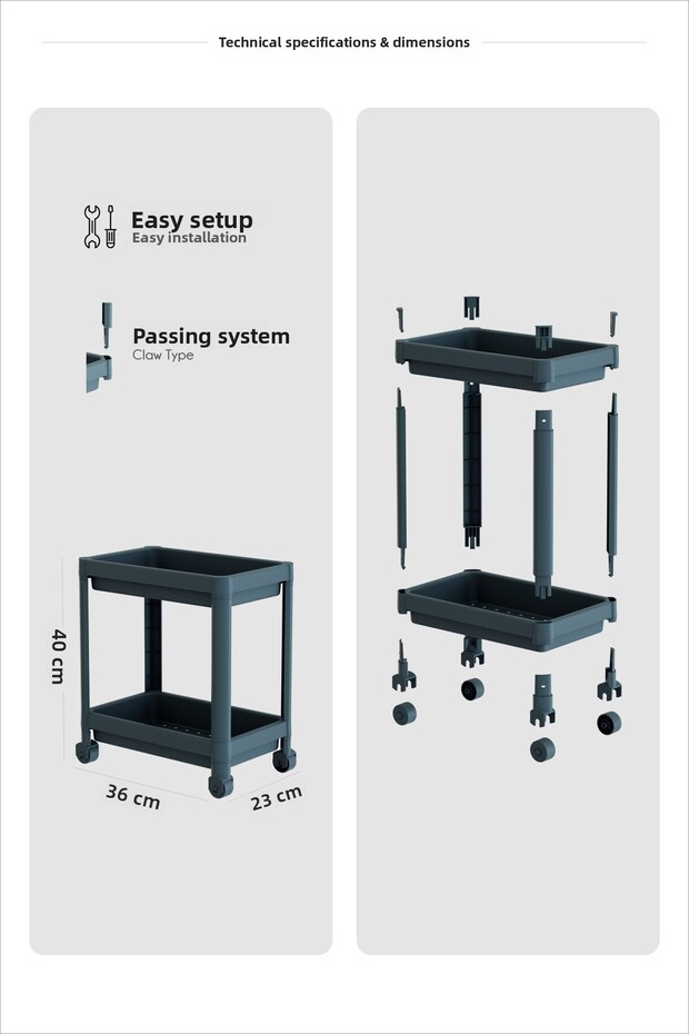 2 szintes kerekes rendszerező mosószer tartó konyha, fürdőszoba polc, szekrény, munkalap, mosogató alatti szürke - 5