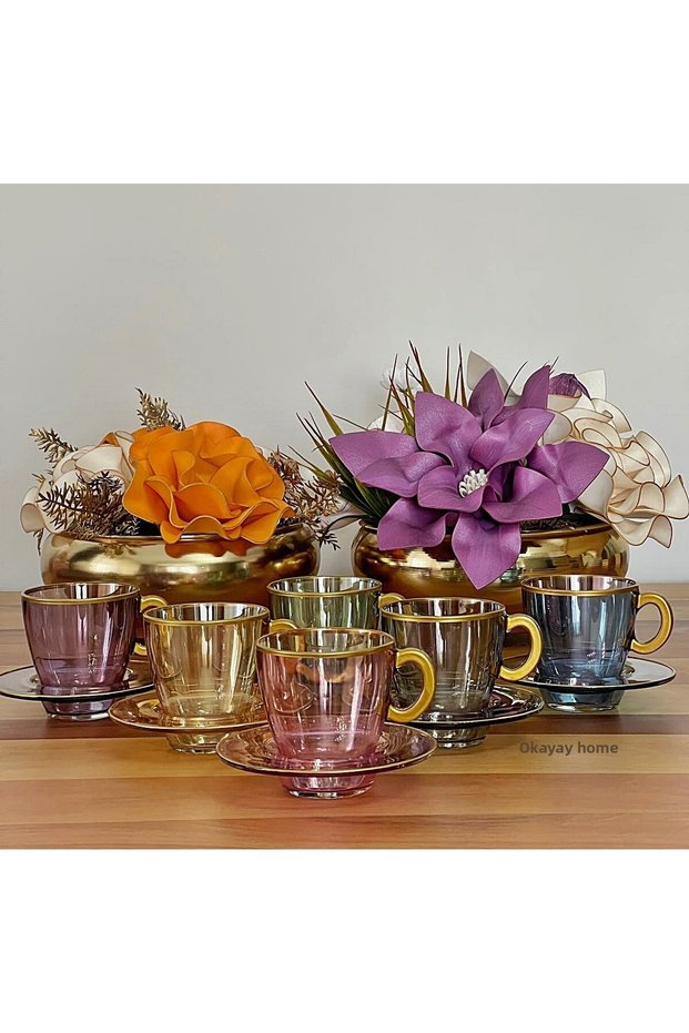 Aqua Cup Set 12 Pieces 6 People 6 Colors Gilded Tea Set, Coffee Set, Luxury Gift Dowry