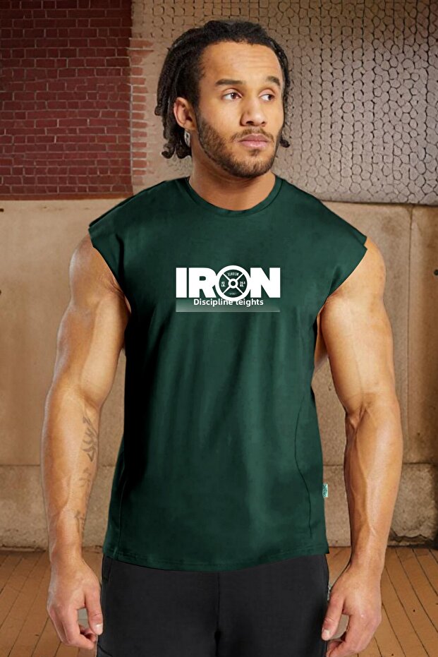 Men's Iron Discipline Printed Petrol Oversize Crew Neck Cotton Sleeveless T-Shirt/Undershirt