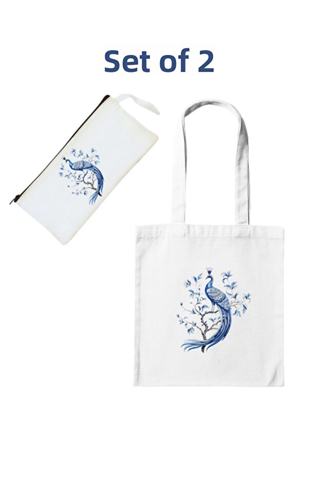 مجموعة الطاووس ذات النمط الأصلي - حقيبة قماشية + حامل أقلام - 1
