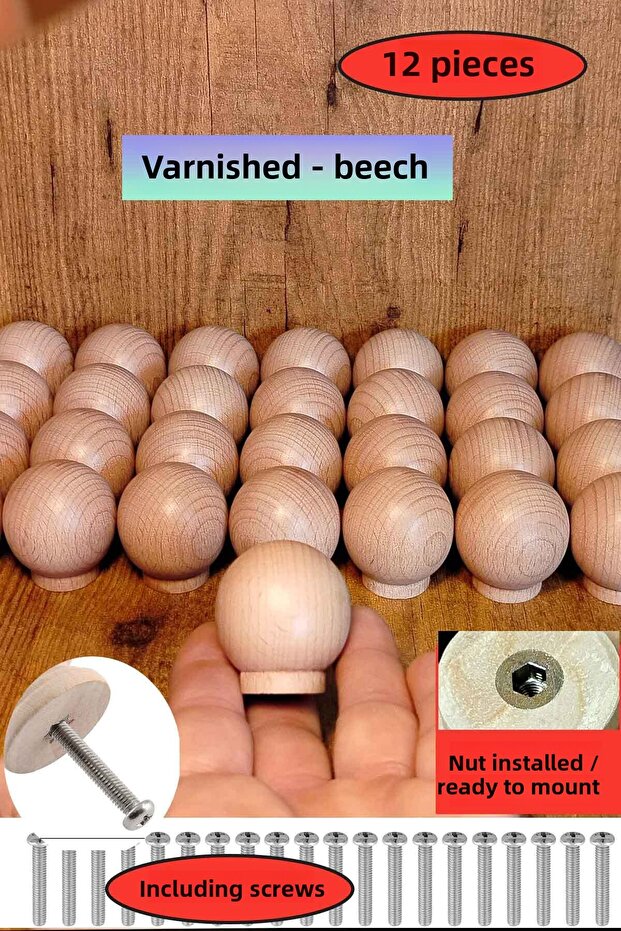 12 Pcs Polished Wood Ball Handle 37mm in Diameter Natural Drawer Cabinet Furniture Knob Button