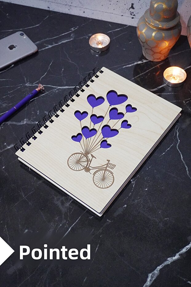 Bicycle Balloon Themed Wooden Cover Notebook - Dotted Notebook - Agenda - School Notebook (A5 - 120 Pages)