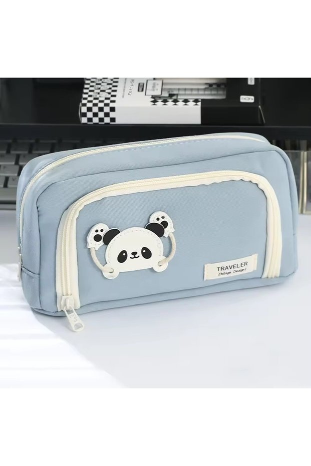 Panda Kawaii Blue Color Multi-Compartment Large Size Capacity Pen Holder Pencil Case Makeup Bag