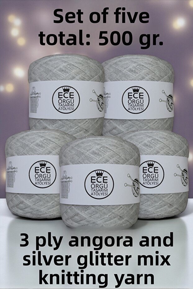 Lunar, 3 Layers of Gray Angora Mixed with One Layer of Silver Glitter Mixed Angora Wool Knitting Yarn (500 Gr.)