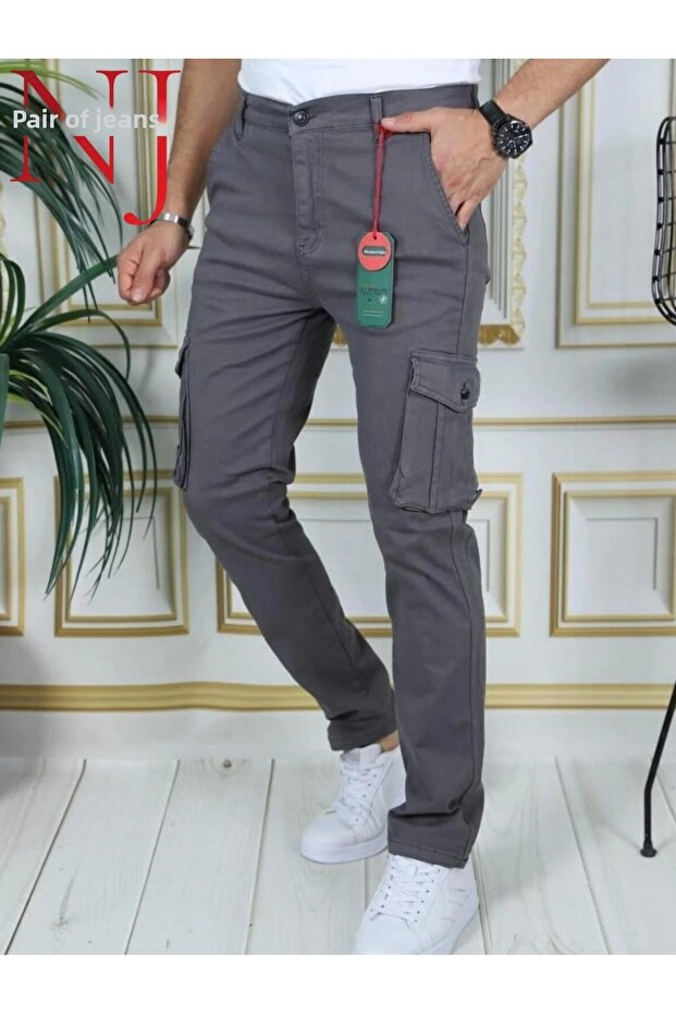 Men's Cargo Pocket Pack High Waist Lycra Dume Zipper Flat Legs