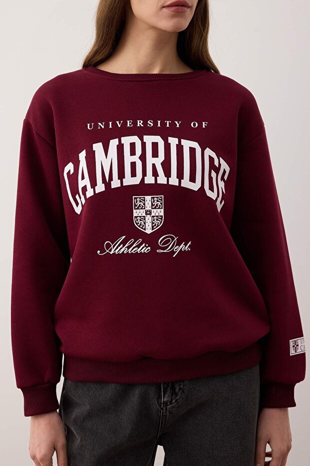Bordo Slogan Baskılı Bisiklet Yaka Relaxed Örme Sweatshirt TWOAW26SW00220 - 4
