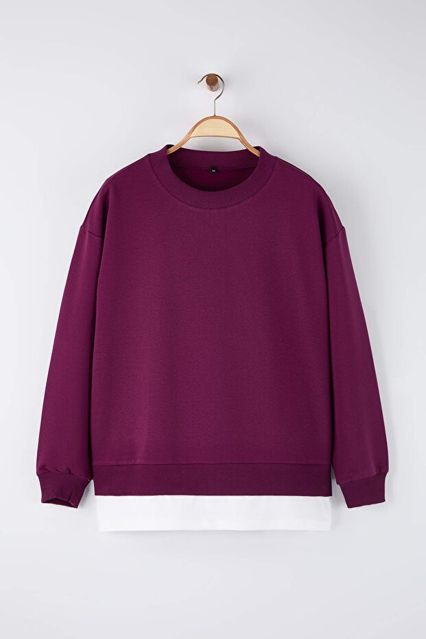 Mürdüm Alttan T-Shirt Çıkma Görünümlü İnce Örme Büyük Beden Sweatshirt TBBAW23AO00023 - 5