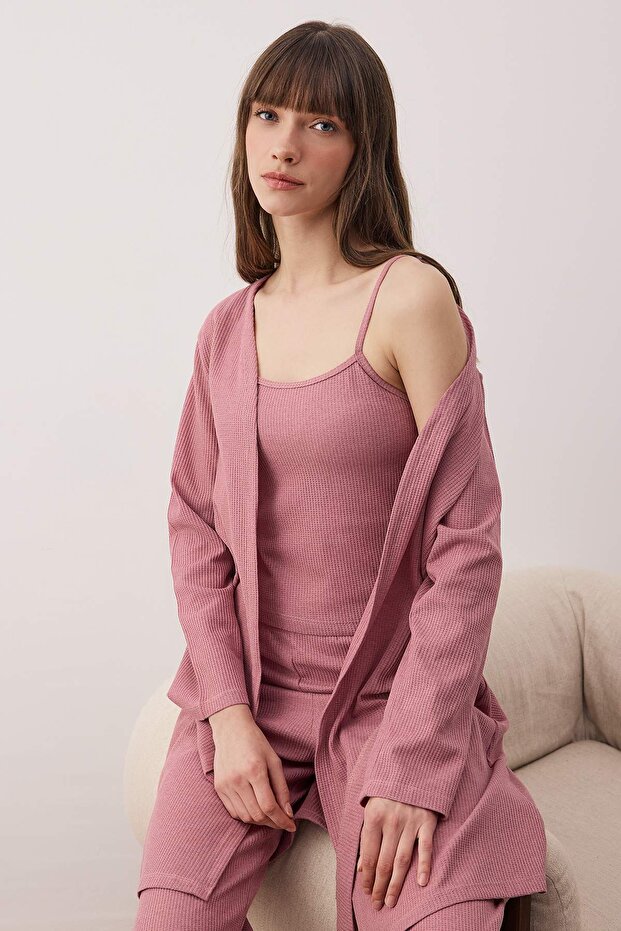 Gül Kurusu 3'lü Paket Pamuklu Fitilli Örme Pijama Takımı THMAW26PT00215 - 2