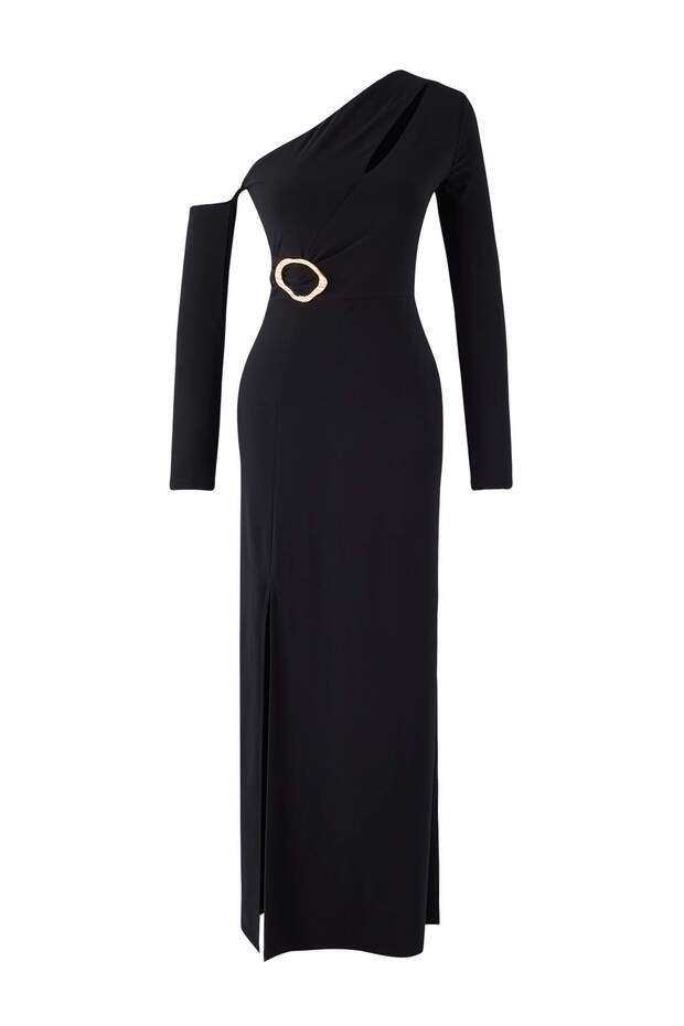 Siyah Cut Out ve Aksesuar Detaylı Örme Maxi Abiye & Mezuniyet Elbisesi TPRAW26AE00012 - 5