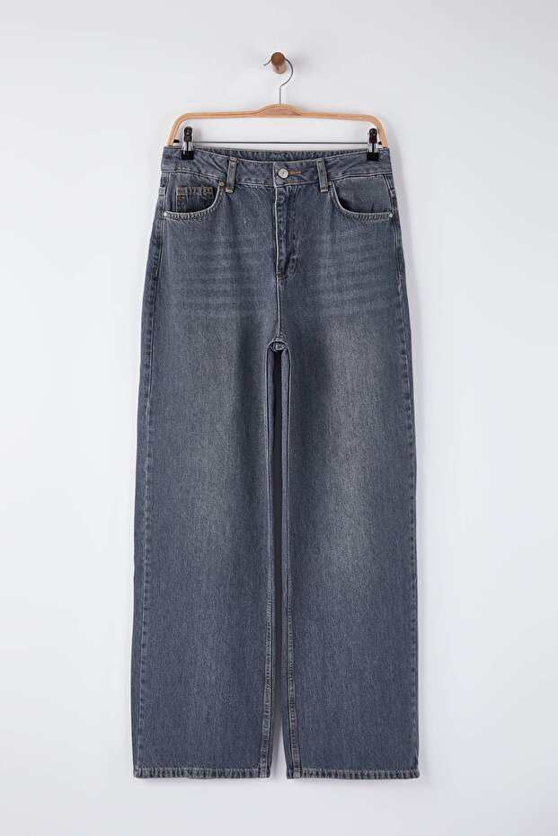 Gri Yüksek Bel Baggy Wide Leg Rahat Geniş Paça %100 Pamuklu Jeans TWOAW26JE00239 - 5