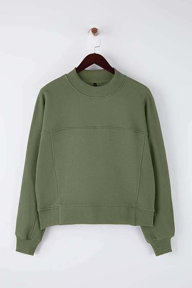 Haki Oversize/Geniş Kalıp Dik Yaka Kalın İçi Polarlı Örme Sweatshirt TWOAW26SW00205 - 5