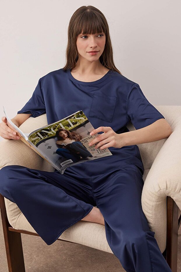 Lacivert Mat Saten Dokuma Pijama Takımı THMAW26PT00032 - 1