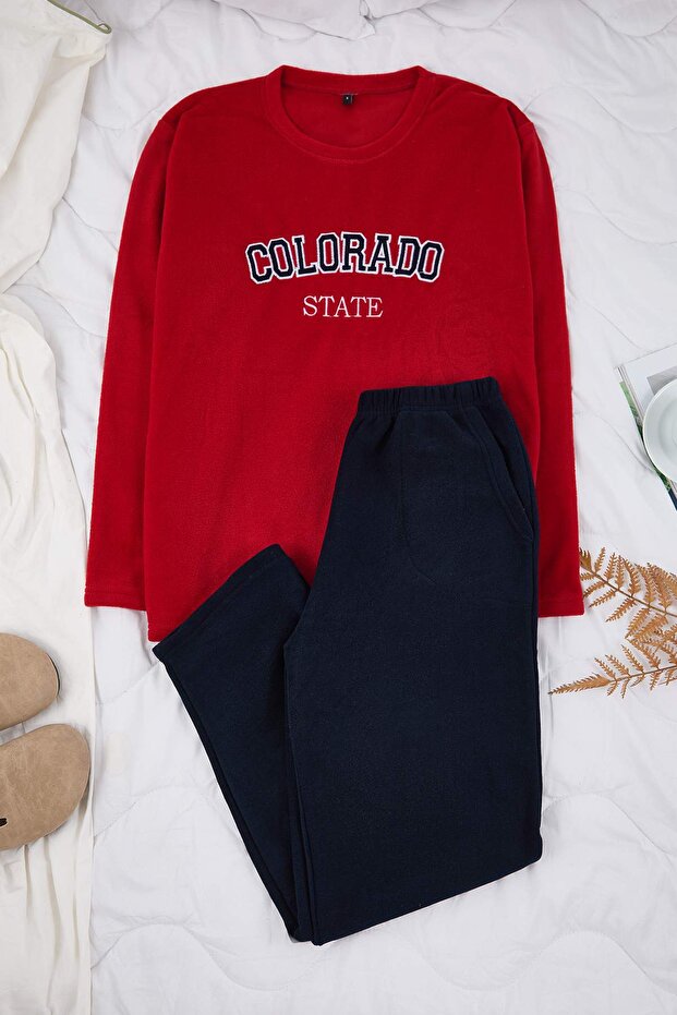 Bordo Regular Kesim Slogan Nakışlı Polar/Kışlık Pijama Takımı TMNAW26PT00038 - 1