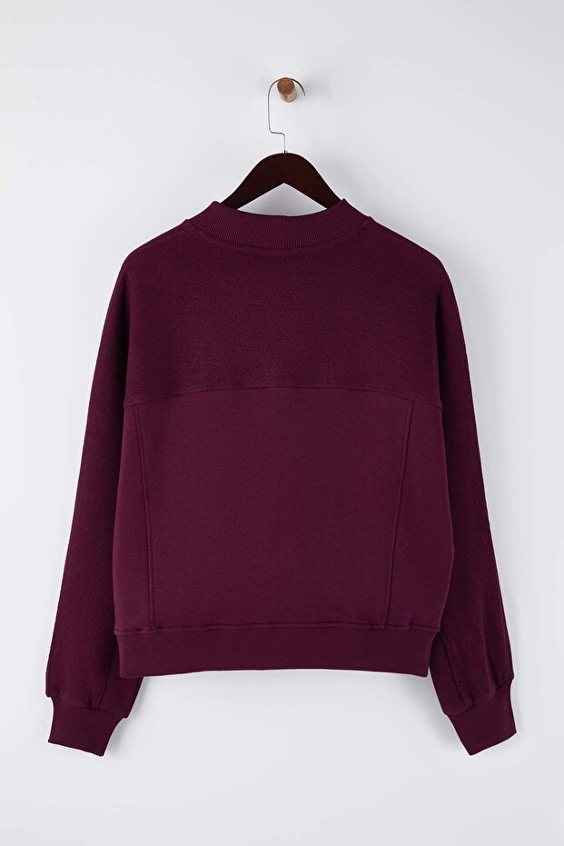 Mürdüm Oversize/Geniş Kalıp Dik Yaka Kalın İçi Polarlı Örme Sweatshirt TWOAW26SW00205 - 7