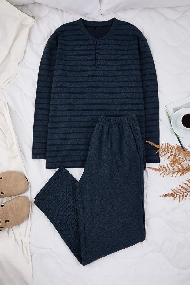 Petrol Regular Pattern Textured Striped Buttoned Collar Knitted Pajama Set Tmnaw26Pt00042 - 1