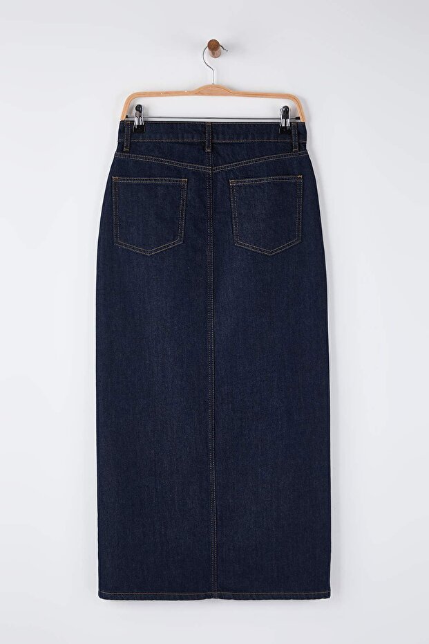 Koyu Mavi Yırtmaçlı Maxi Denim Etek TWOAW26ET00144 - 7