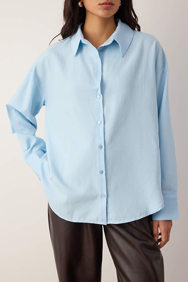 Açık Mavi Oxford Geniş/Oversize Kalıp Gömlek TWOAW26GO00121 - 3