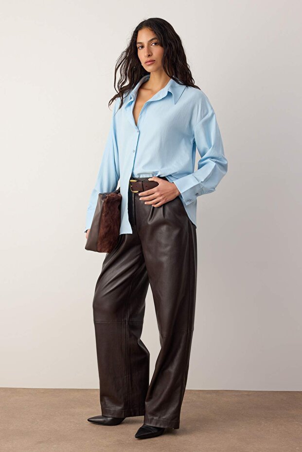 Açık Mavi Oxford Geniş/Oversize Kalıp Gömlek TWOAW26GO00121 - 1