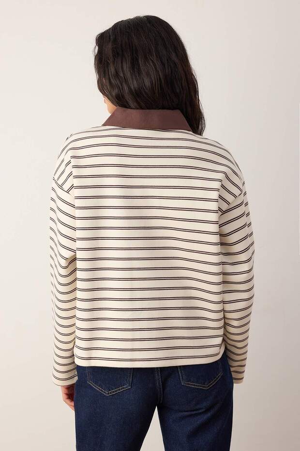 Kahverengi Çizgili More Sustainable Dokuma Yakalı Oversize Örme T-shirt/Sweatshirt TWOAW26TS00004 - 4