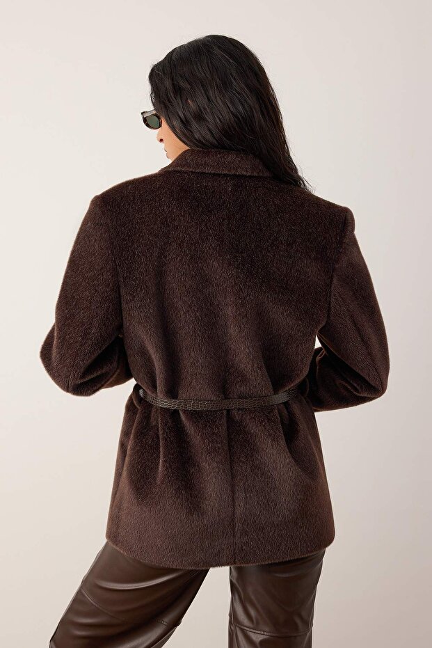 Kahverengi Kemerli Tüylü Kaşe Regular/Normal Kalıp Blazer Blazer Ceket TWOAW26BC00041 - 7