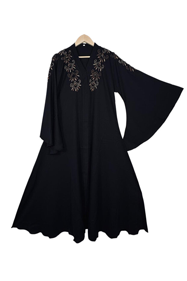 Elegant Black Abaya with Embroidered Shoulder Design – Corean Nada Fabric – Sizes 54 to 60