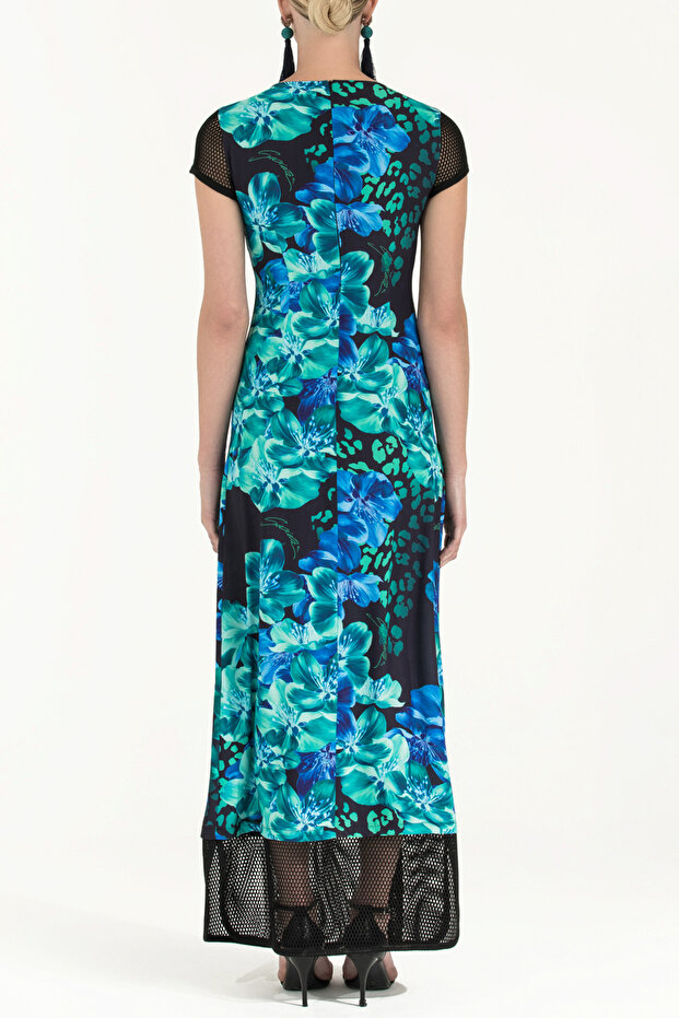 Egzotik Çiçekler File kumaş mixli desenli uzun elbise 91435 - 4