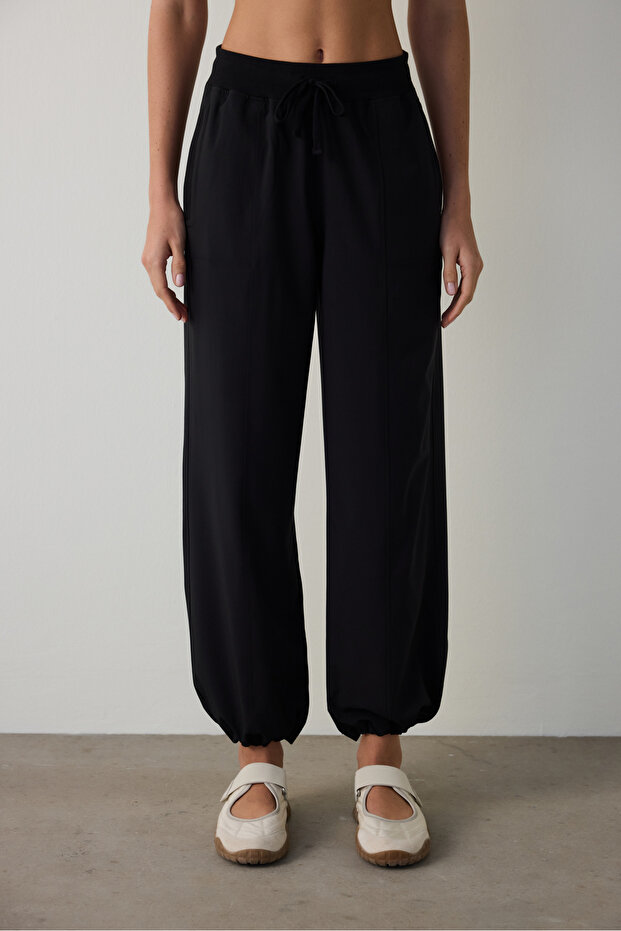 Black Oversize Regular Waist Lace-Up Jogger Sweatpants - 2