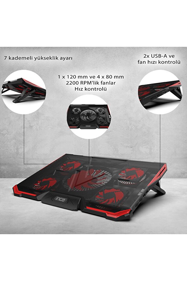 Inc-611gms 5 Adet ve Ayarlanabilen Fan Sistemi 2200 RPM 14''- 17'' Inç Ledli Notebook Soğutucu - 4