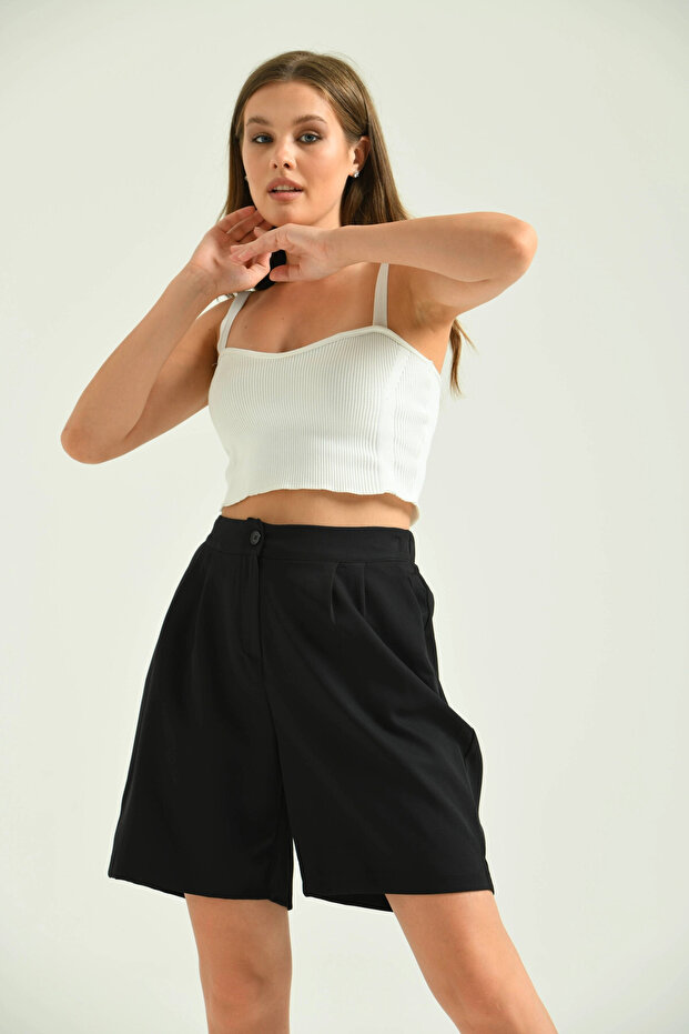 Kadın Siyah Uzun Basic Kumaş Şort - 1