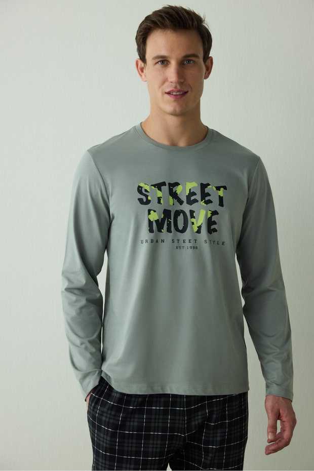 Move Erkek Slogan Baskılı Uzun Kollu Pamuklu Pijama Takımı - 1